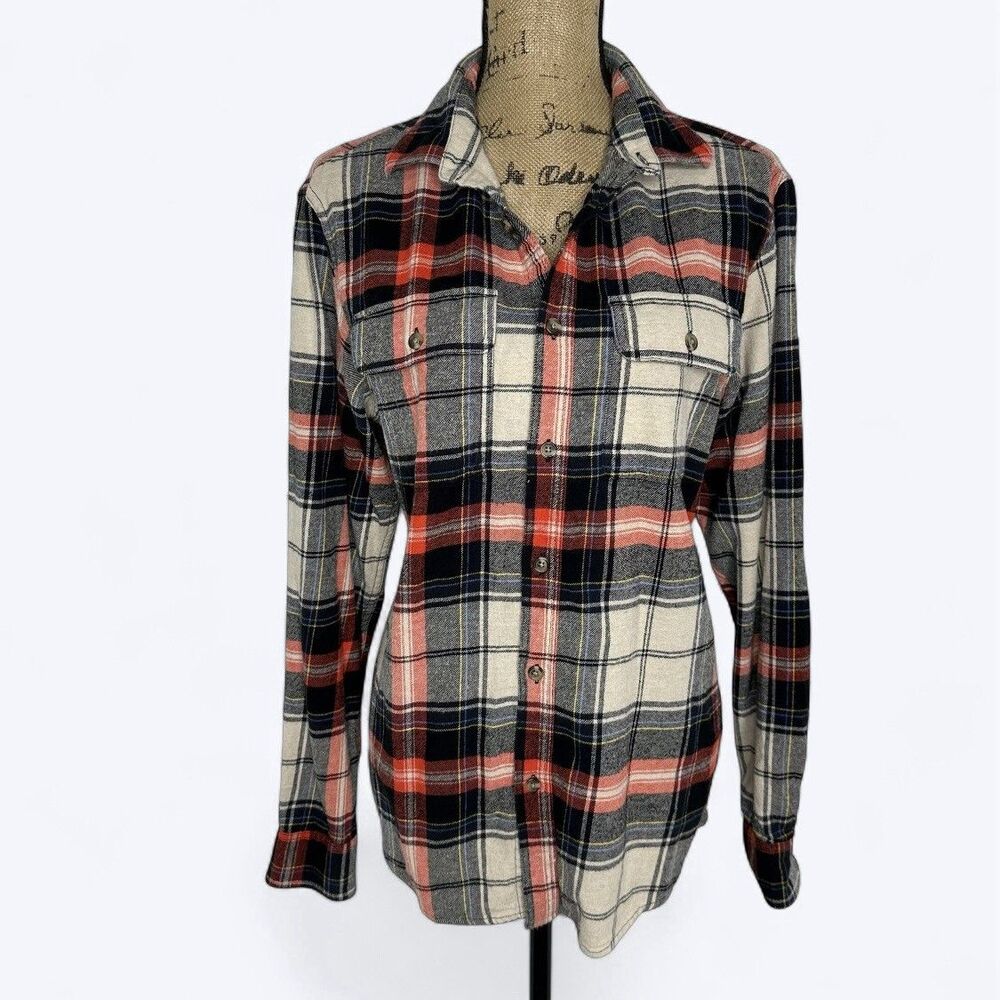 Old Navy Regular Fit Plaid Flannel Shirt Sz M Red Cream Button Front Long Sleeve